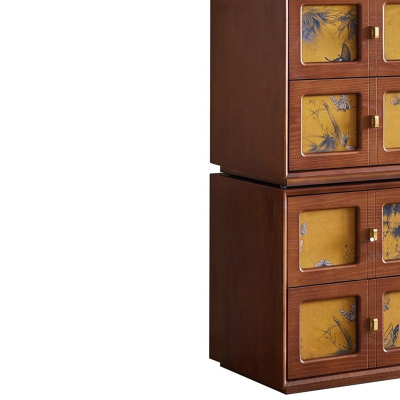 Traditional Chinese Solid Wood Hardware Square Patterned Nightstand With 2 Drawers For Bedroom