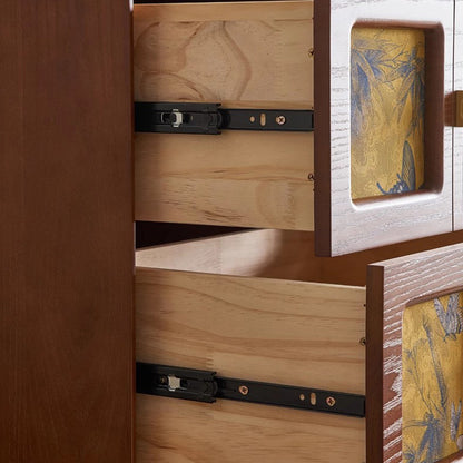Traditional Chinese Solid Wood Hardware Square Patterned Nightstand With 2 Drawers For Bedroom