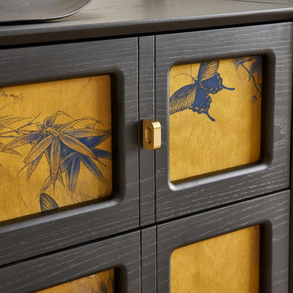 Traditional Chinese Solid Wood Hardware Square Patterned Nightstand With 2 Drawers For Bedroom