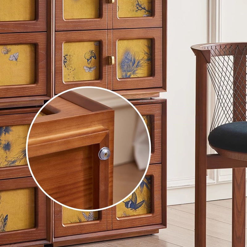 Traditional Chinese Solid Wood Hardware Square Patterned Nightstand With 2 Drawers For Bedroom