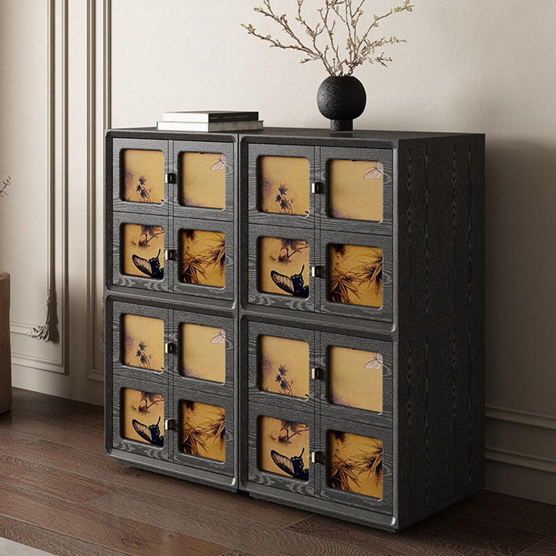 Traditional Chinese Solid Wood Hardware Square Patterned Nightstand With 2 Drawers For Bedroom