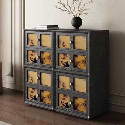 Traditional Chinese Solid Wood Hardware Square Patterned Nightstand With 2 Drawers For Bedroom