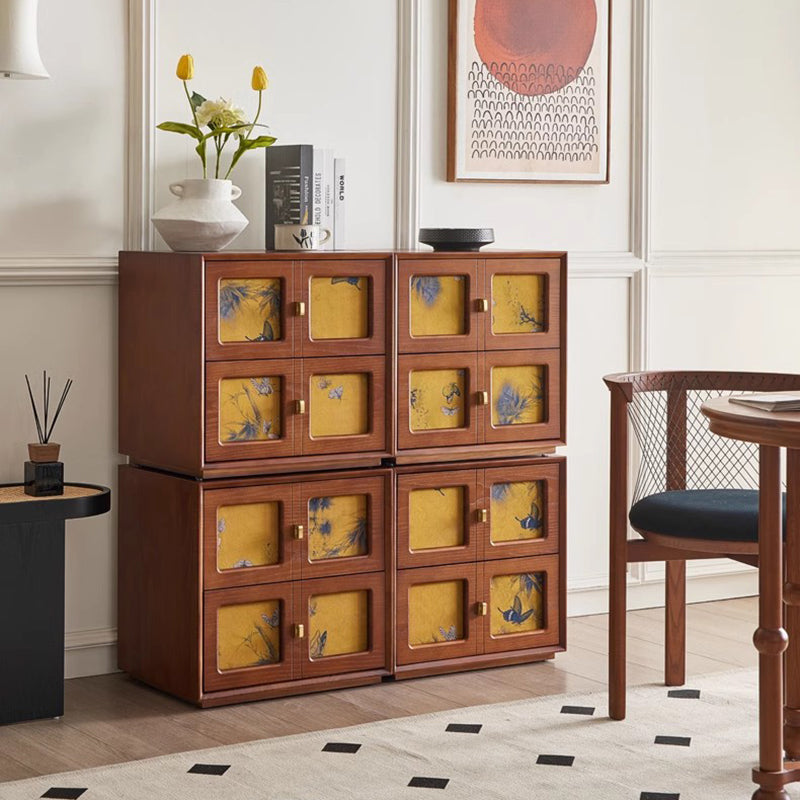 Traditional Chinese Solid Wood Hardware Square Patterned Nightstand With 2 Drawers For Bedroom