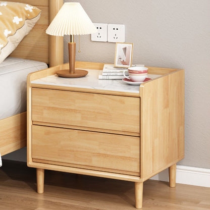 Traditional Chinese Solid Wood Sintered Stone Metal Square-Cylinder Nightstand With 2 Drawers For Bedroom