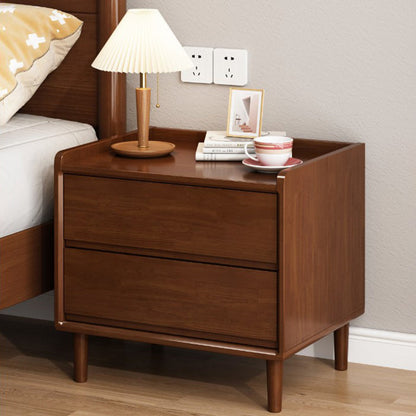 Traditional Chinese Solid Wood Sintered Stone Metal Square-Cylinder Nightstand With 2 Drawers For Bedroom