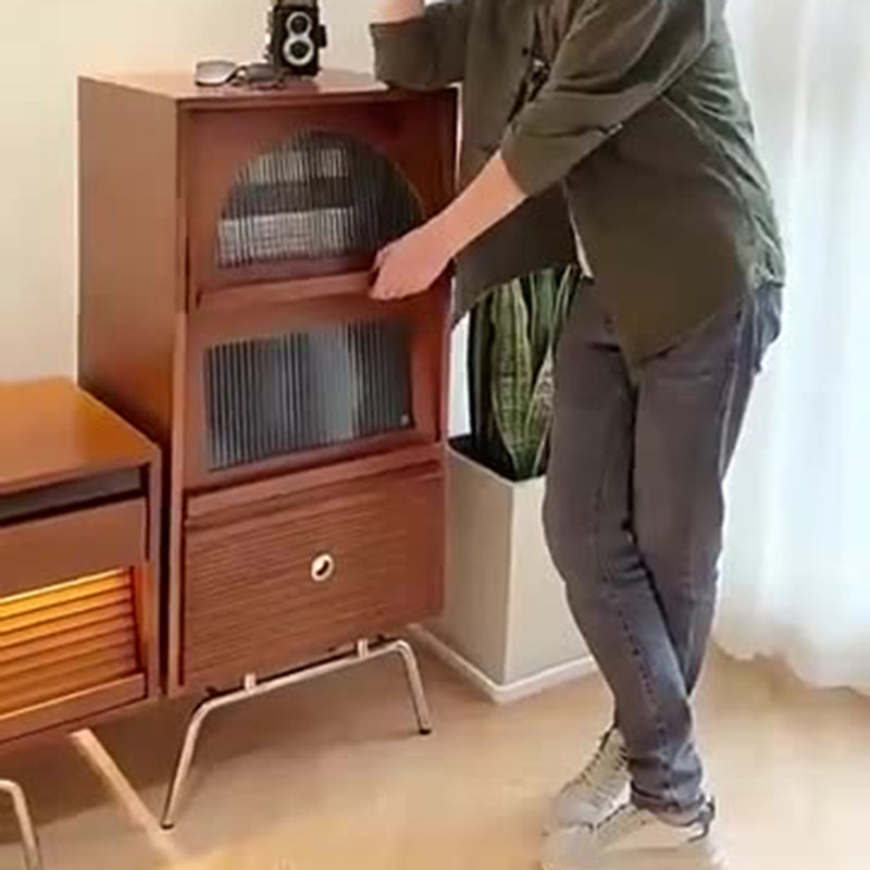 Traditional Chinese Pine Glass Stainless Steel Textured Rectangular Storage Cabinet With 3-Cabinets For Living Room