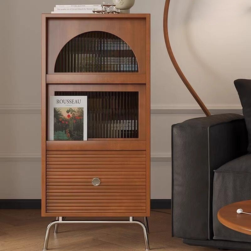Traditional Chinese Pine Glass Stainless Steel Textured Rectangular Storage Cabinet With 3-Cabinets For Living Room