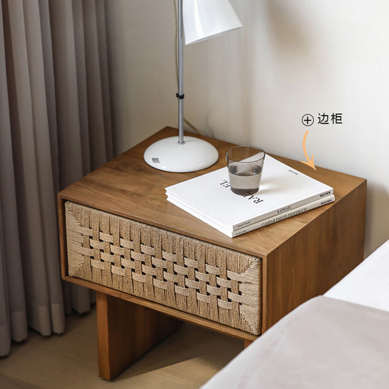 Traditional Vintage Ash Wood Kraft Leather Paper Rope Rectangular Nightstand With 1 Drawer For Bedroom