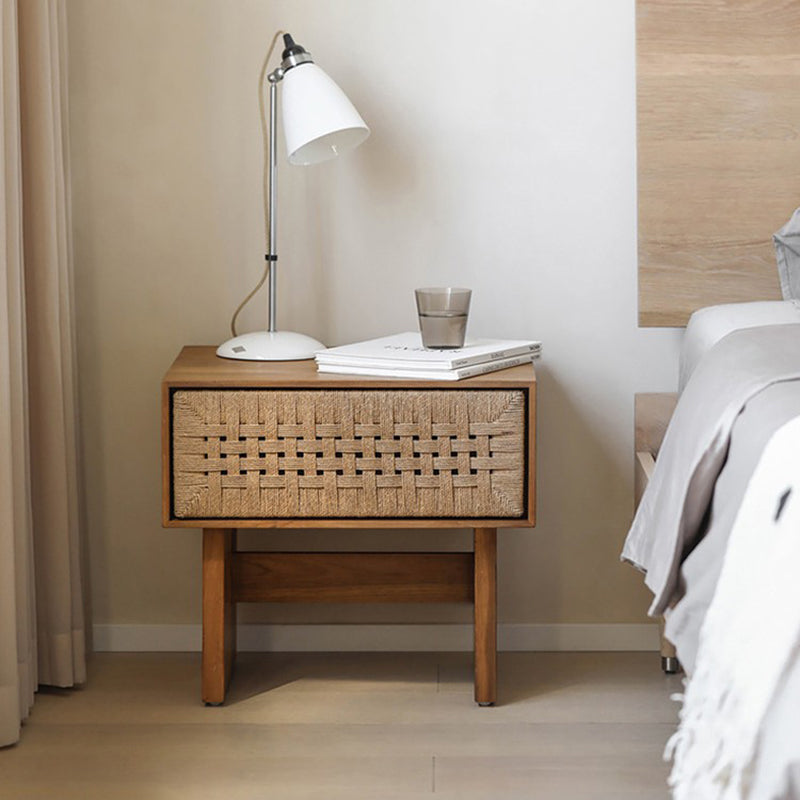 Traditional Vintage Ash Wood Kraft Leather Paper Rope Rectangular Nightstand With 1 Drawer For Bedroom
