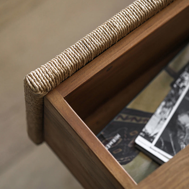Traditional Vintage Ash Wood Kraft Leather Paper Rope Rectangular Nightstand With 1 Drawer For Bedroom