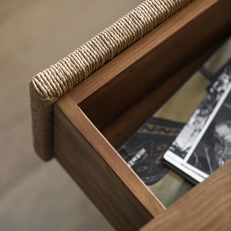 Traditional Vintage Ash Wood Kraft Leather Paper Rope Rectangular Nightstand With 1 Drawer For Bedroom