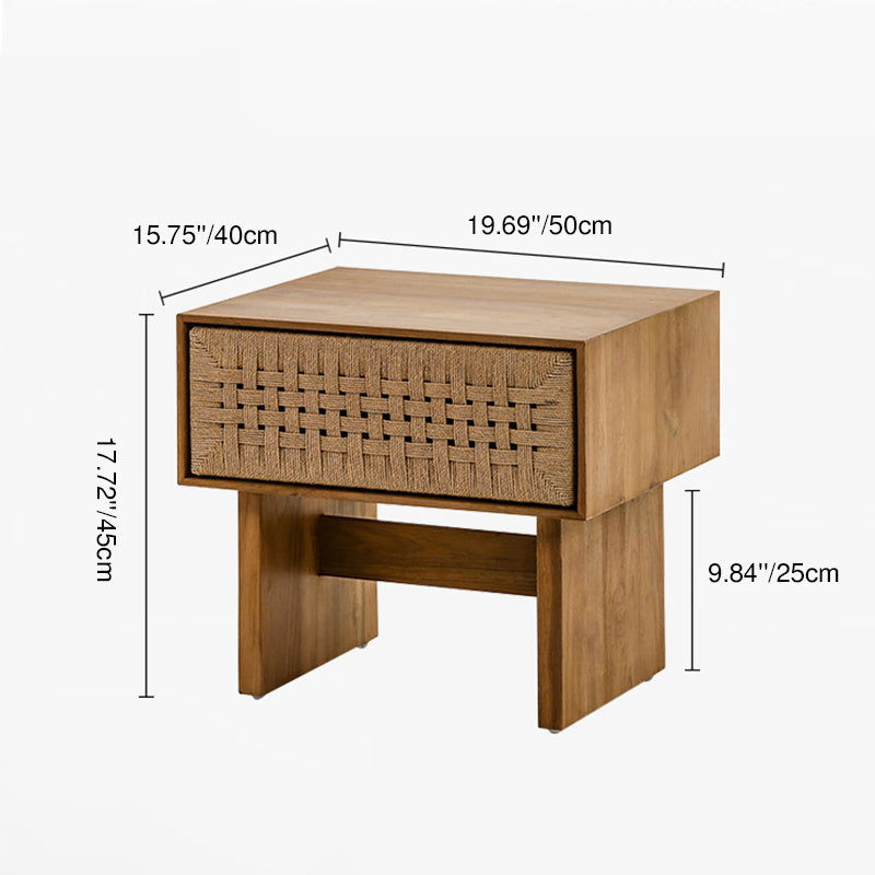 Traditional Vintage Ash Wood Kraft Leather Paper Rope Rectangular Nightstand With 1 Drawer For Bedroom