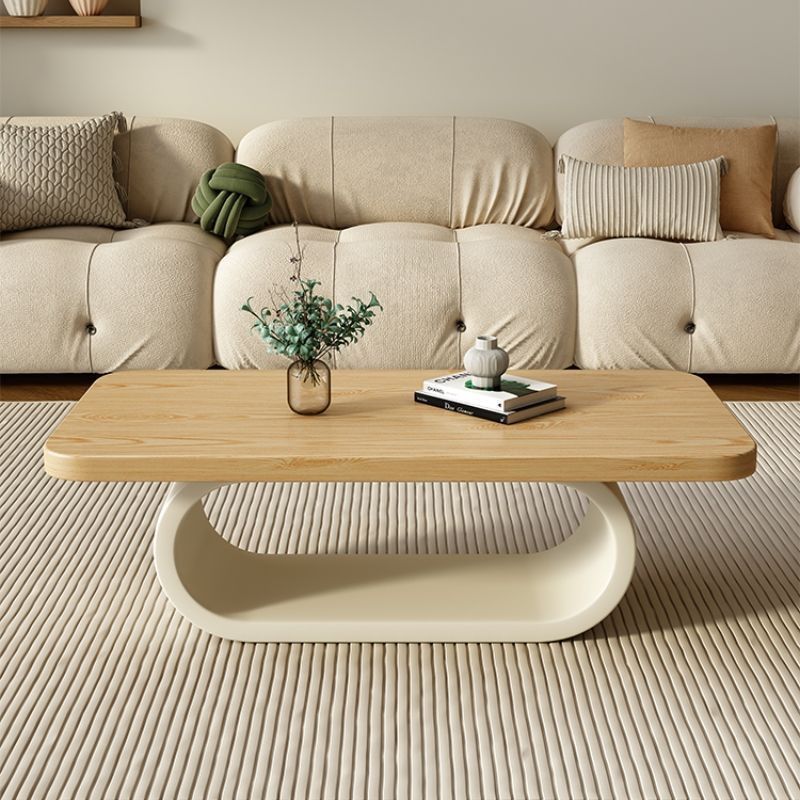 Contemporary Scandinavian Solid Wood Engineered Wood Rounded Rectangular Coffee Table 2-Tier For Living Room