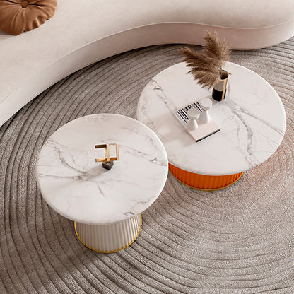 Contemporary Scandinavian Sintered Stone Metal Round Cylindrical Coffee Table 1-Tier For Living Room