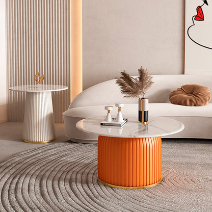 Contemporary Scandinavian Sintered Stone Metal Round Cylindrical Coffee Table 1-Tier For Living Room