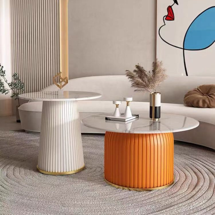 Contemporary Scandinavian Sintered Stone Metal Round Cylindrical Coffee Table 1-Tier For Living Room