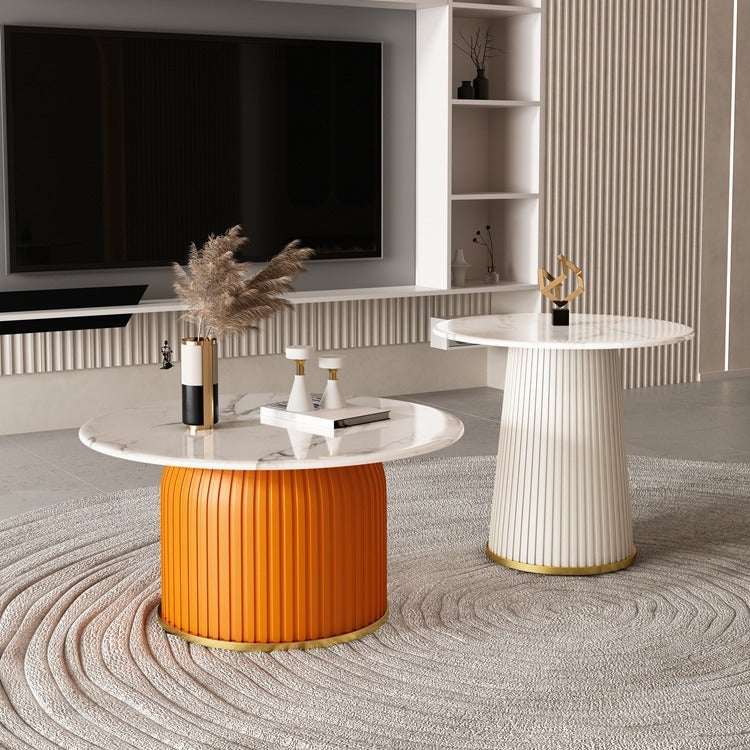 Contemporary Scandinavian Sintered Stone Metal Round Cylindrical Coffee Table 1-Tier For Living Room