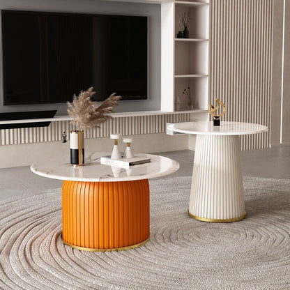 Contemporary Scandinavian Sintered Stone Metal Round Cylindrical Coffee Table 1-Tier For Living Room