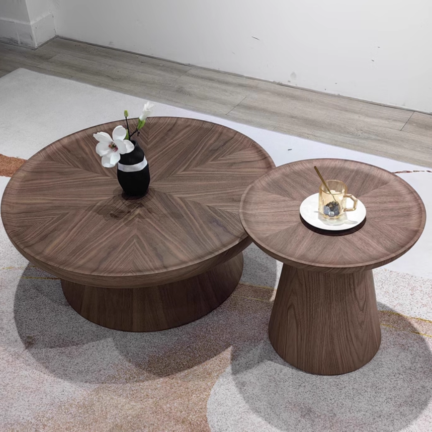 Traditional Vintage Walnut Veneer Round Conical Coffee Table 1-Tier For Living Room