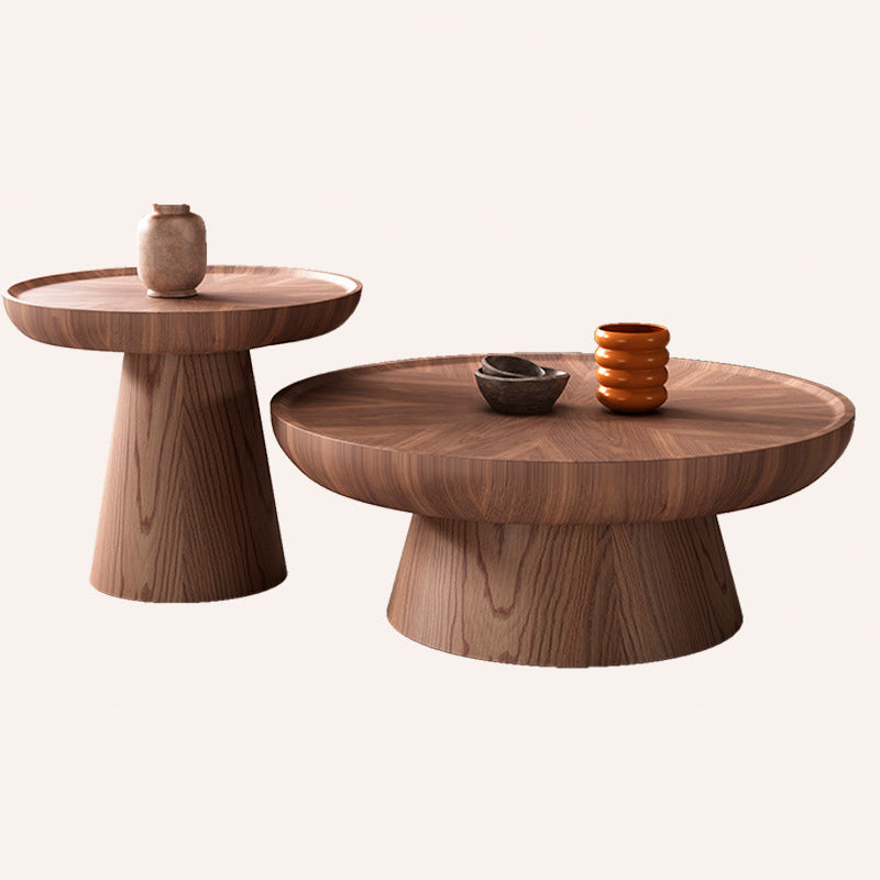 Traditional Vintage Walnut Veneer Round Conical Coffee Table 1-Tier For Living Room
