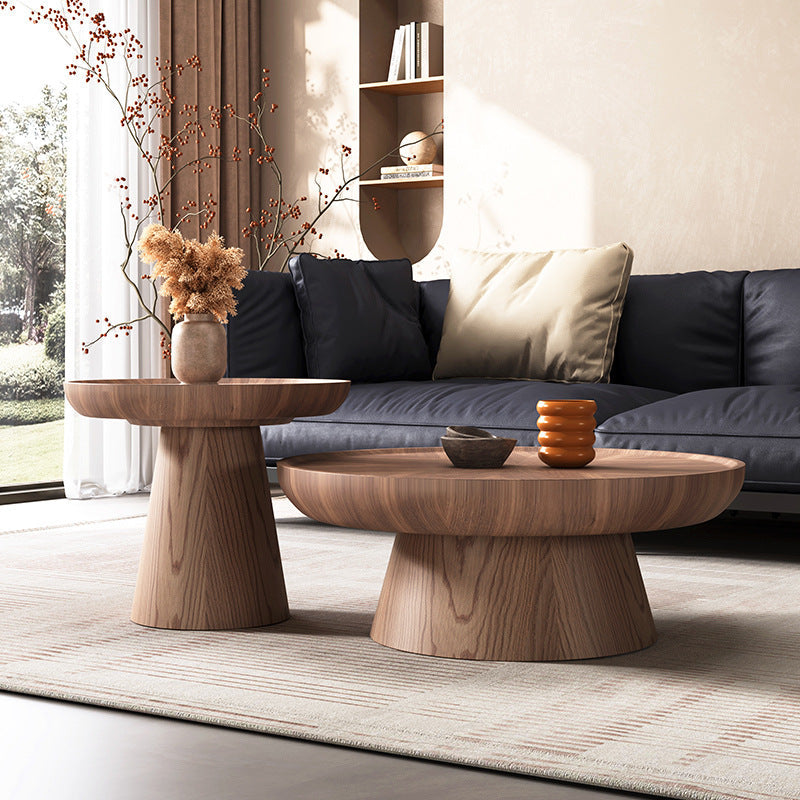 Traditional Vintage Walnut Veneer Round Conical Coffee Table 1-Tier For Living Room