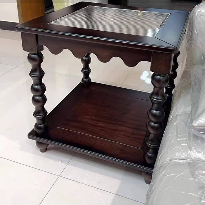 Traditional Chinese Glass Rubberwood Square Roman Column Coffee Table 2-Tier For Living Room