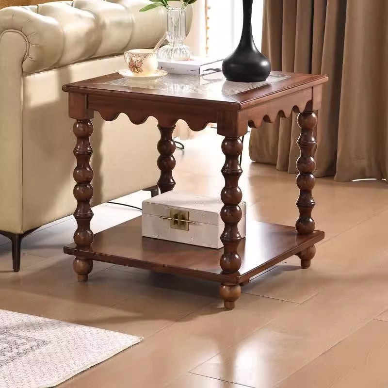 Traditional Chinese Glass Rubberwood Square Roman Column Coffee Table 2-Tier For Living Room
