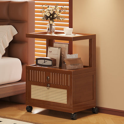Traditional Vintage Bamboo MDF ABS Acrylic Movable Square Side Table With 2 Drawers For Living Room