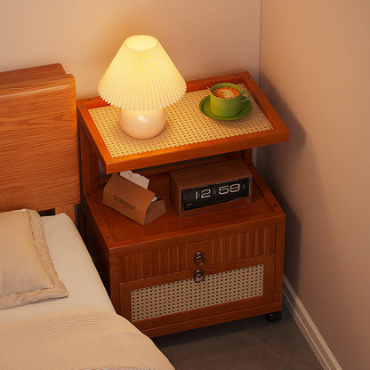 Traditional Vintage Bamboo MDF ABS Acrylic Movable Square Side Table With 2 Drawers For Living Room