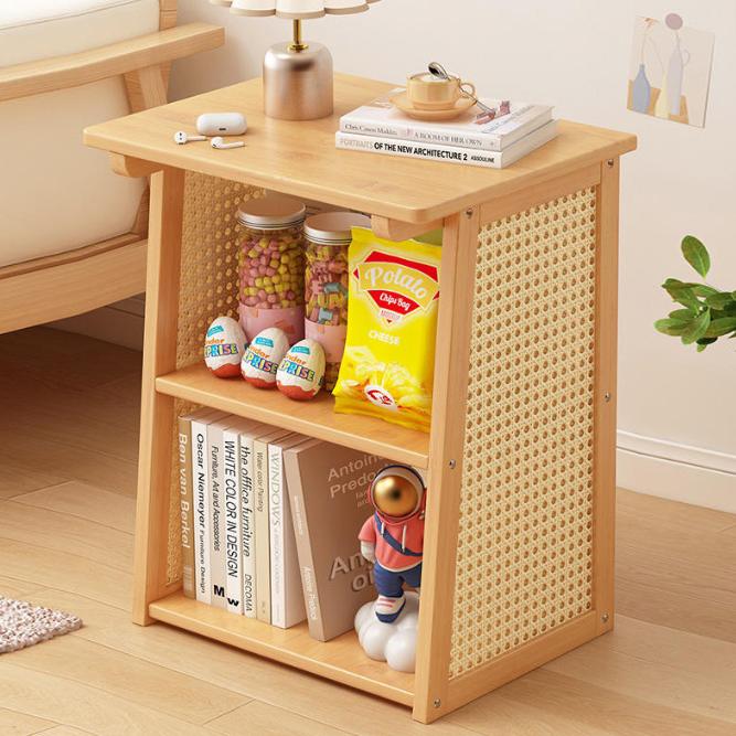 Traditional Japanese Bamboo Synthetic Rattan Openwork Square Side Table 3-Tier For Living Room