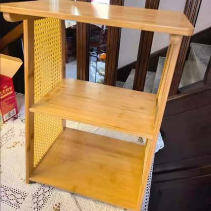 Traditional Japanese Bamboo Synthetic Rattan Openwork Square Side Table 3-Tier For Living Room