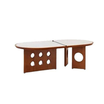 Traditional Chinese Faux Travertine Pine Oval Openwork Coffee Table 1-Tier For Living Room