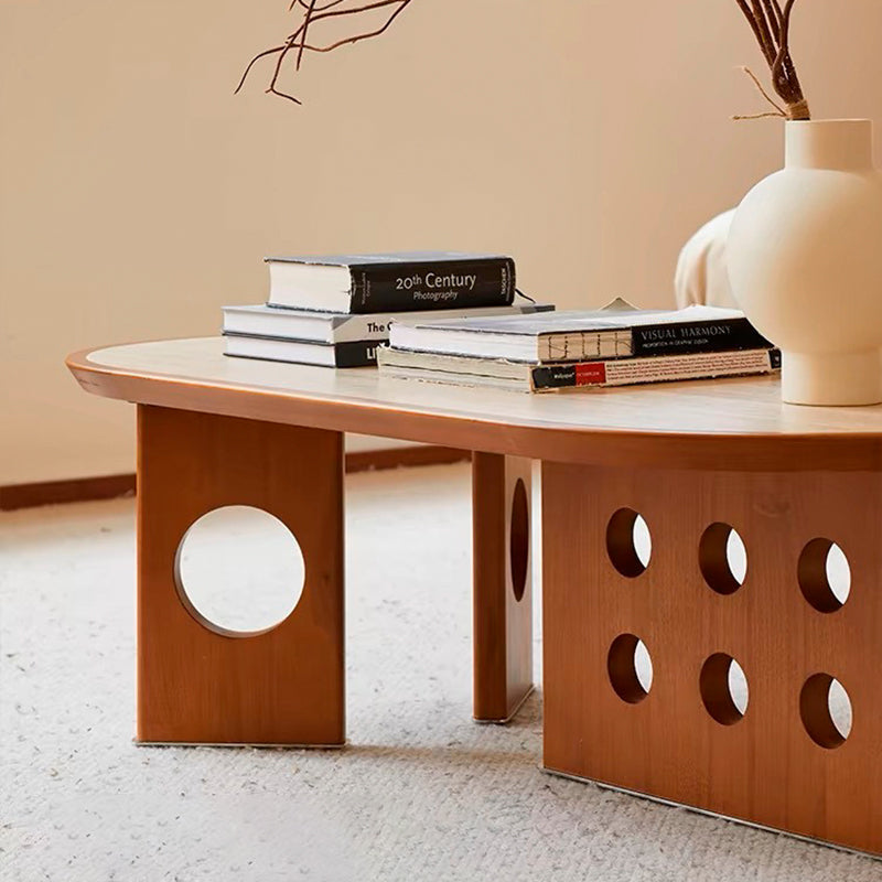 Traditional Chinese Faux Travertine Pine Oval Openwork Coffee Table 1-Tier For Living Room