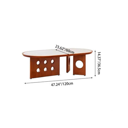 Traditional Chinese Faux Travertine Pine Oval Openwork Coffee Table 1-Tier For Living Room