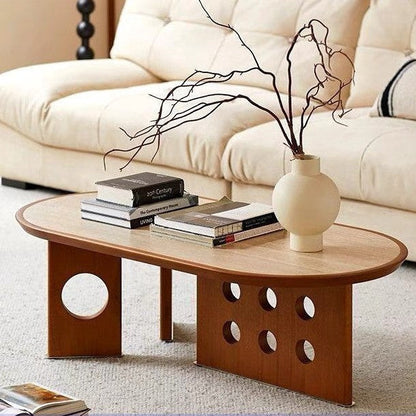 Traditional Chinese Faux Travertine Pine Oval Openwork Coffee Table 1-Tier For Living Room