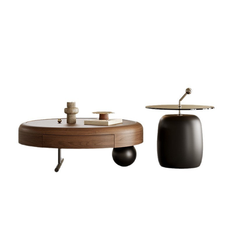 Traditional French Walnut Veneer Tempered Glass Carbon Steel Stainless Steel Round Coffee Table 1-Tier For Living Room
