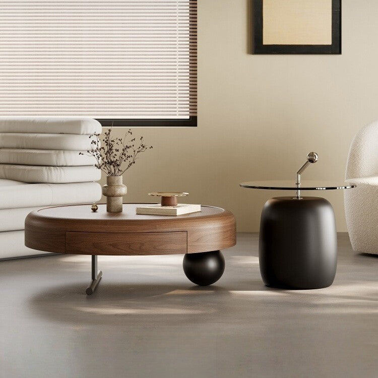 Traditional French Walnut Veneer Tempered Glass Carbon Steel Stainless Steel Round Coffee Table 1-Tier For Living Room