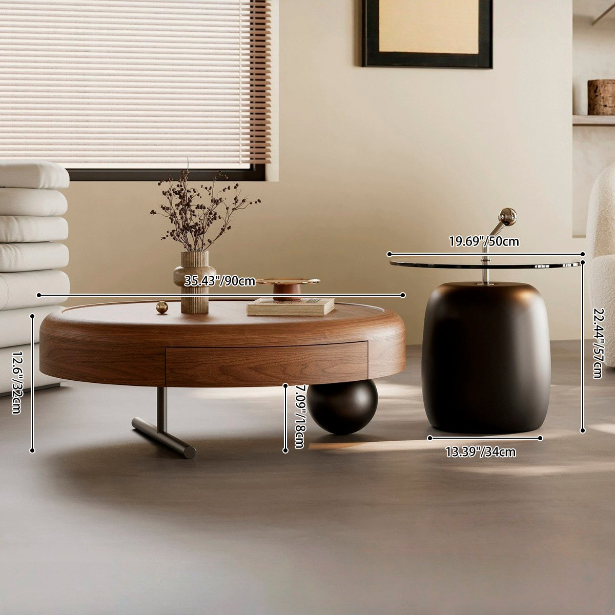 Traditional French Walnut Veneer Tempered Glass Carbon Steel Stainless Steel Round Coffee Table 1-Tier For Living Room