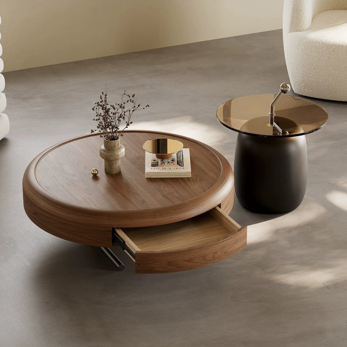 Traditional French Walnut Veneer Tempered Glass Carbon Steel Stainless Steel Round Coffee Table 1-Tier For Living Room