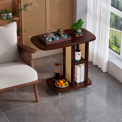 Traditional Chinese Bamboo MDF Woven Resin Rounded Square C-Shaped Side Table 2-Tier For Living Room