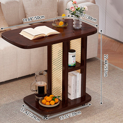 Traditional Chinese Bamboo MDF Woven Resin Rounded Square C-Shaped Side Table 2-Tier For Living Room