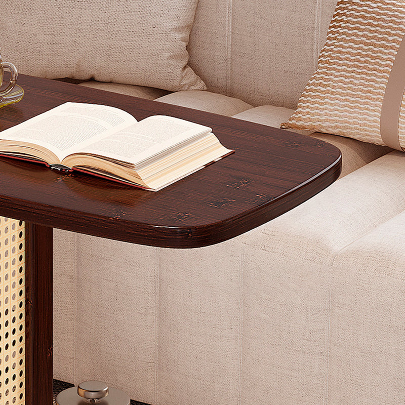Traditional Chinese Bamboo MDF Woven Resin Rounded Square C-Shaped Side Table 2-Tier For Living Room