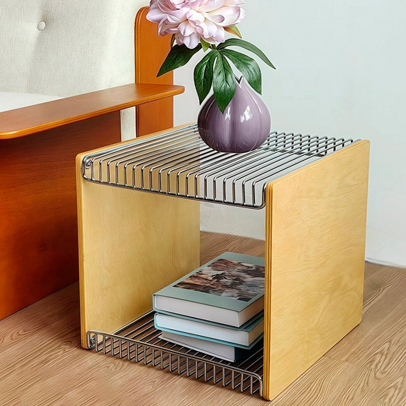 Contemporary Scandinavian Solid Wood Plywood Stainless Steel Square Hollow End Table 2-Tier For Living Room