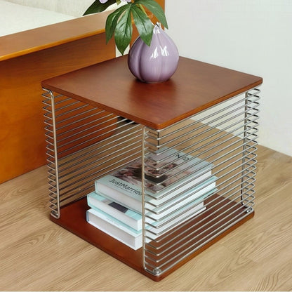 Contemporary Scandinavian Solid Wood Plywood Stainless Steel Square Hollow End Table 2-Tier For Living Room