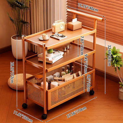 Traditional Chinese Bamboo Woven Rattan Rectangular Mobile Side Table 2/3-Tier For Living Room