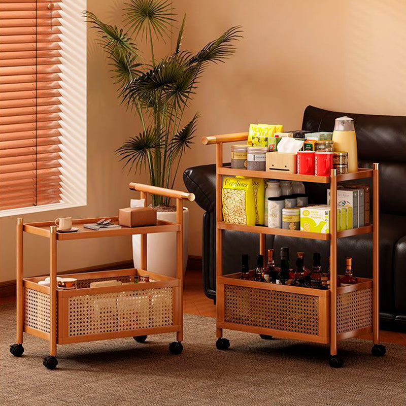 Traditional Chinese Bamboo Woven Rattan Rectangular Mobile Side Table 2/3-Tier For Living Room