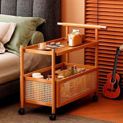 Traditional Chinese Bamboo Woven Rattan Rectangular Mobile Side Table 2/3-Tier For Living Room