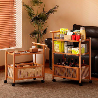 Traditional Chinese Bamboo Woven Rattan Rectangular Mobile Side Table 2/3-Tier For Living Room