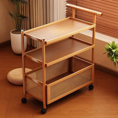 Traditional Chinese Bamboo Woven Rattan Rectangular Mobile Side Table 2/3-Tier For Living Room