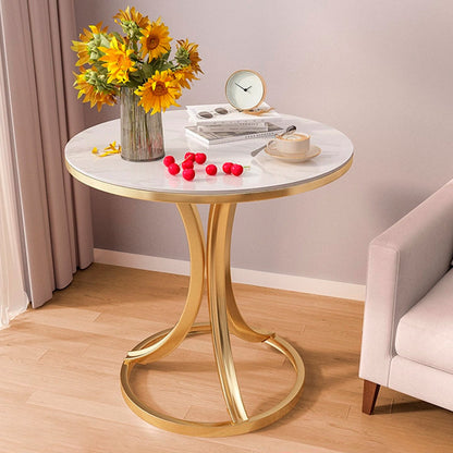 Contemporary Scandinavian Sintered Stone Metal Curved Round Side Table 1-Tier For Living Room